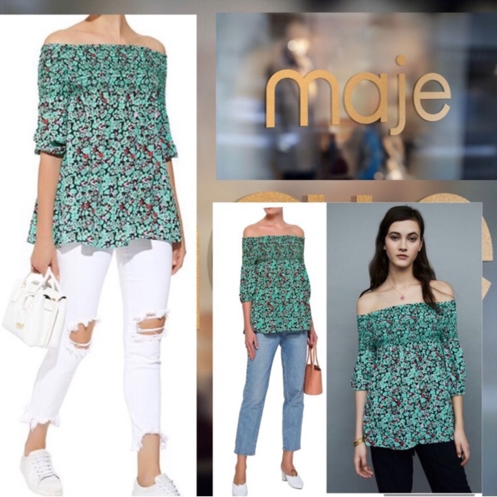 Maje Lafine off the shoulder summer top green floral print